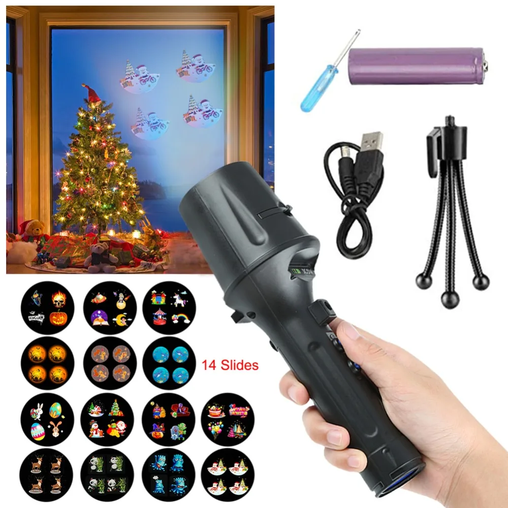 

LED Projector Flashlight Christmas Projector Lights 14 Slides Projection Holiday Lights Battery-Operated 2 in 1 Decoration Light