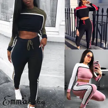 

Fashion 2Pcs Women Sportswear Jogging Hoodies Crop Bodycon Tops Pants Tracksuit Casual Long Sleeve Sets New Streetwear