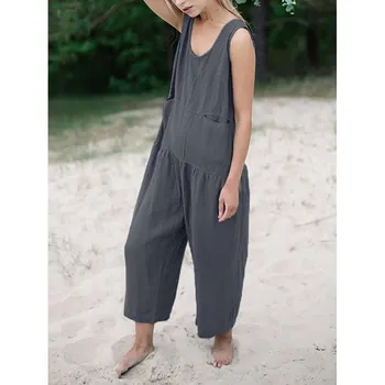 

Summer Women Sleeveless Jumpsuit Casual Solid Cotton Linen Rompers Loose Plus Size Wide Leg Jumpsuits