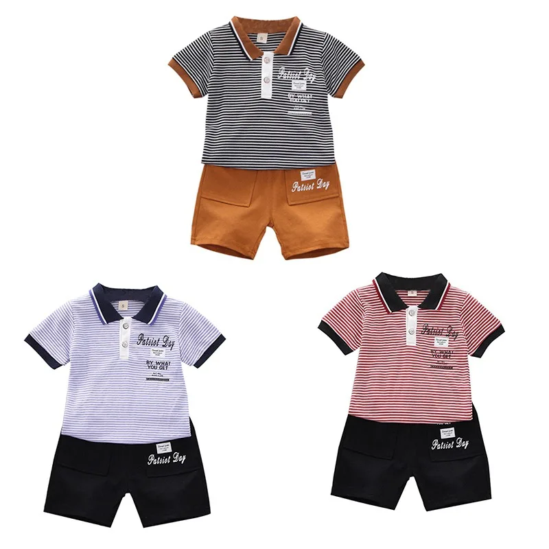 

Fashion Summer Baby Boys Short Sleeve Stripe Letter Print Tops Blouse T-shirt+Shorts Children Casual Outfits Sets