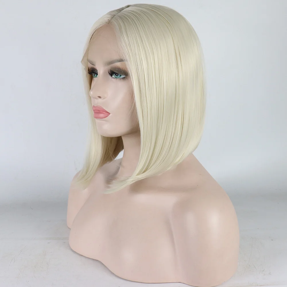 Marquesha натуральный вид половина ручной работы Термостойкое волокно Платина блонд синтетический Боб-парик кружева спереди парик для женщин