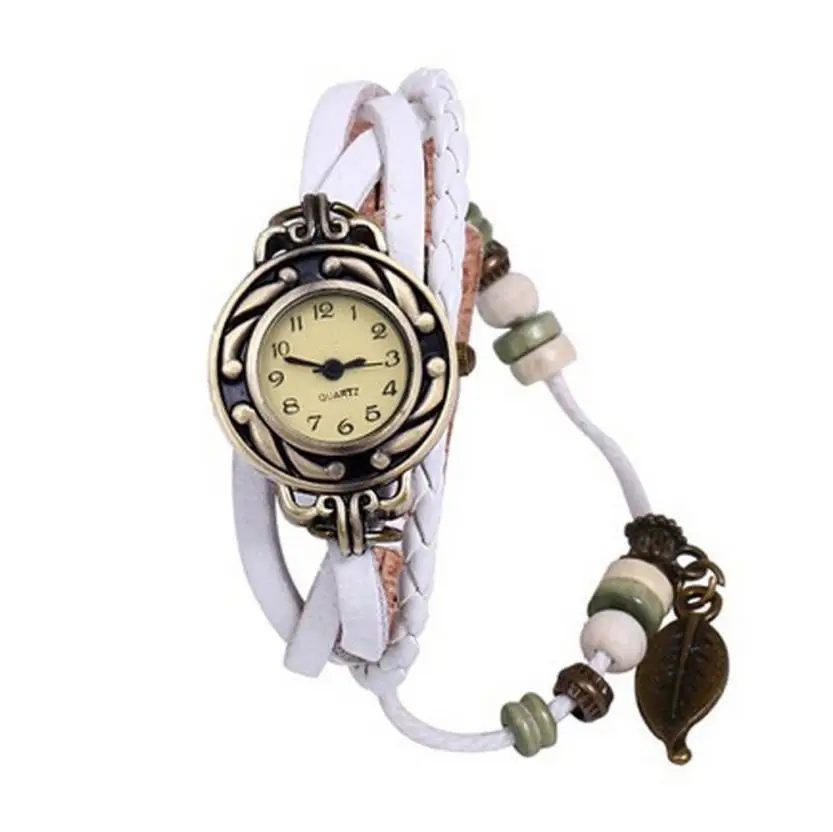 

TZ#501 Brown Retro Weave Wrap Lady Bead Leaf Dangle Bracelet Bangle Quartz Wrist Watch Free Shipping