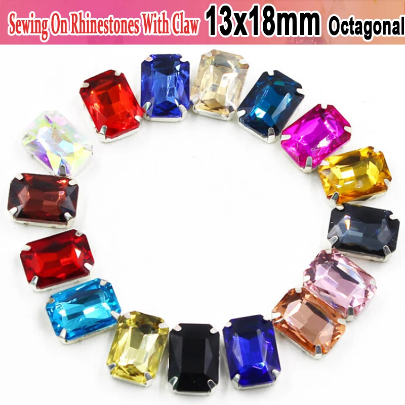 AB Sew On Octagonal Clear Crystal Blue Purple Green Red 13x18mm 20pcs Evening Dress Decorations Sewing Claw Rhinestones | Дом и сад