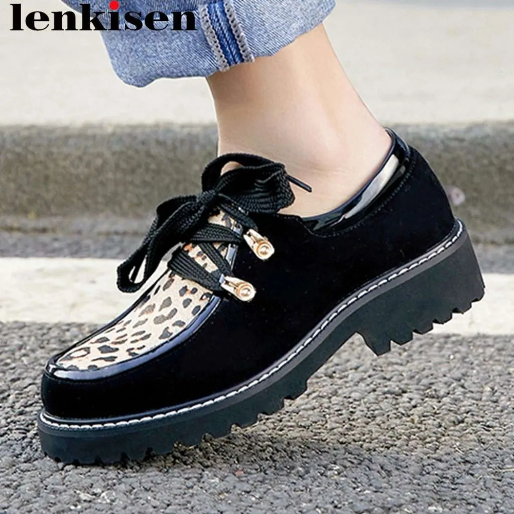 

Daily wear comfortable kid suede round toe sexy leopard mixed color chunky med heels lace up pumps Preppy style dating shoes L22