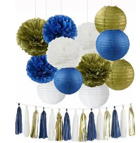 15pcs Royal Blue Gold White Mixed Tissue Pom Poms Tassel Garland