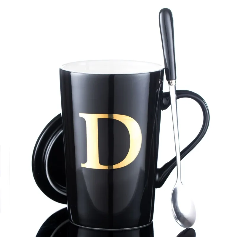 

Creative alphabet mug simple coffee cup couple last name letter ceramic cup with cover spoon porcelain milk tea cup