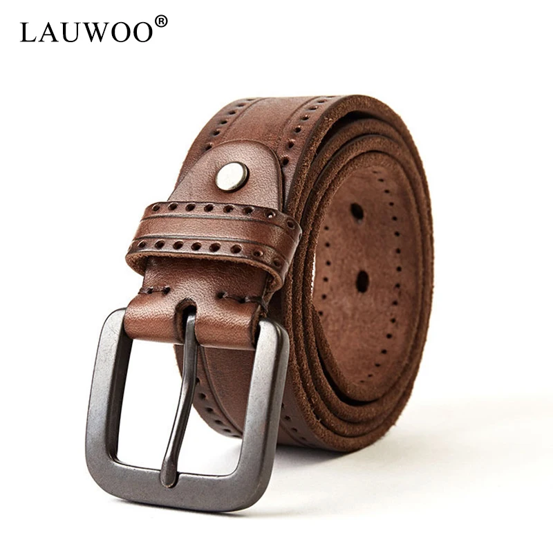 

LAUWOO High quality Men's 100% Cow Leather Belt Men 100cm~125cm Length Metal Pin Buckle Belt Men's casual trousers belt