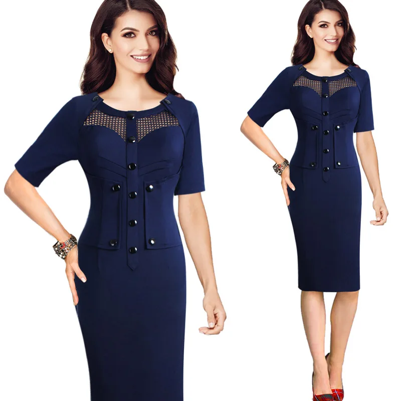 Vfemage, женское элегантное прозрачное Сетчатое платье на пуговицах, винтажная одежда для работы, офиса, бизнеса, вечерние, облегающее, Vestido, платье-футляр, 063 - Цвет: Dark Blue