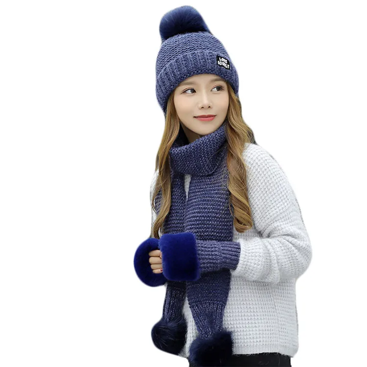 Модная женская зимняя шапка шарф наборы перчаток для девочек теплая Толстая шапка и перчатки набор из трех частей сплошной вязаный набор шапки и шарфа для Feamle - Цвет: blue