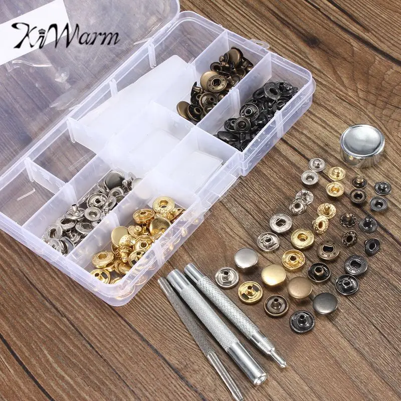 

KiWarm Hot Selling 40 Sets Snap Fasteners Press Stud Kit with Tool Inbox Sewing Leather Buttons Installation Tools Accessories