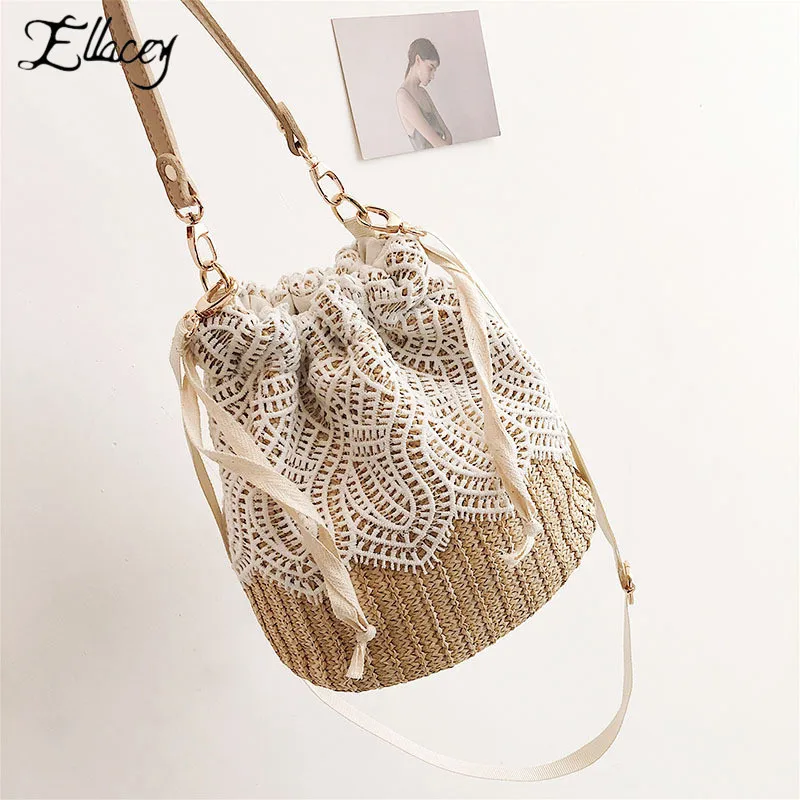

New Summer Women Straw Beach Bag Flower Leaf Knitting Embroidery Hand Made Woven Bucket Shoulder Bag Ladies Hand Bags