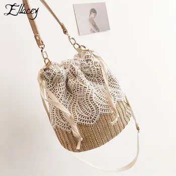

New Summer Women Straw Beach Bag Flower Leaf Knitting Embroidery Hand Made Woven Bucket Shoulder Bag Ladies Hand Bags