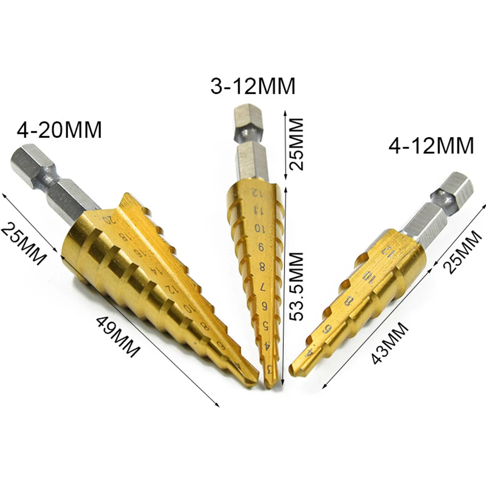 Petpig 3 шт. электроинструменты с титановым покрытием Ступенчатое сверло Металл 3-12 мм/4-12 мм/4-20 мм конусное сверло высокоскоростное стальное Сверло по дереву