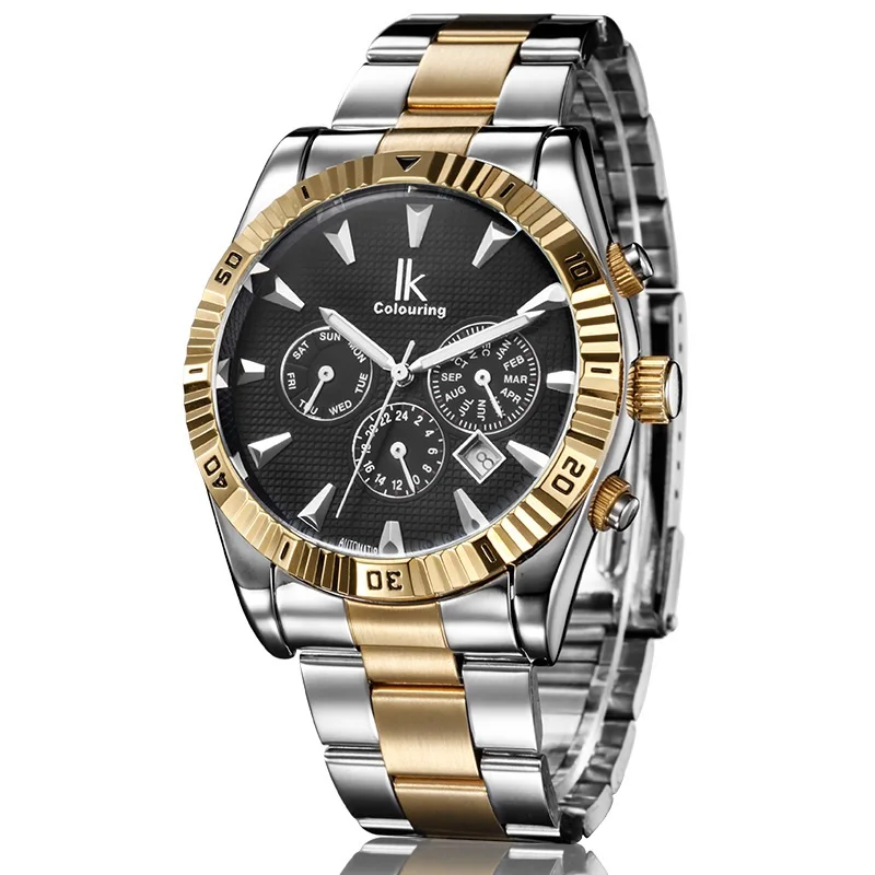 IK Men 6 Hands Vintage Classic Gold Case Calendar Automatic Mechanical Stainless Steel Strap Watchband Wrist