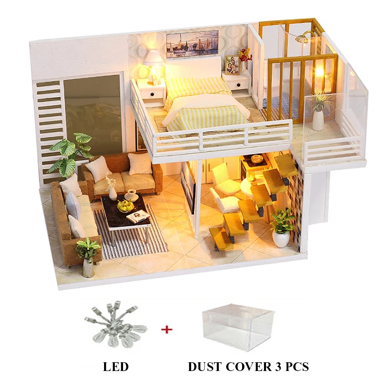 

New Furniture DIY Doll House Wooden Miniature Doll Houses Furniture with Dust Cover Kit Assemble Modern Dollhouse Toys gift k31