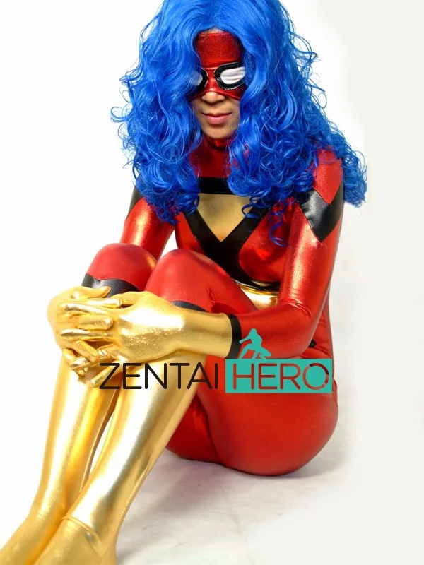 Free Shipping DHL Sexy Spider-Woman Shiny Metallic Spandex Zentai Superhero Costume Open Mouth Halloween Costume PS047 (2)