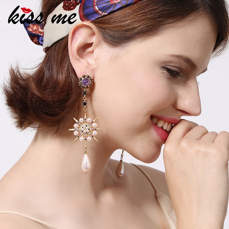 

KISS ME Purple Crystal Simulated Pearl Teardrop Flower Dangle Earrings Classic Fashion Long Earrings for Women Luxury Jewelry