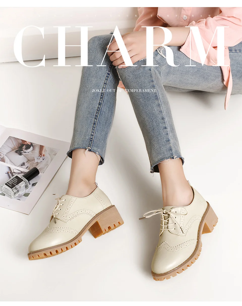 Women Oxfords Shoes Handmade Lace-up Round Toe Thick Heel Leisure Comfortable and Soft Office Lady Shoes