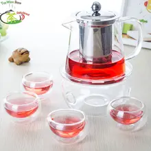 1х 6в1 кунг-фу кофейный чайный сервиз A-500ml конической формы стеклянный цветочный чайник и фильтр из нержавеющей стали+ 4* чашка с двойными стенками+ круглая грелка
