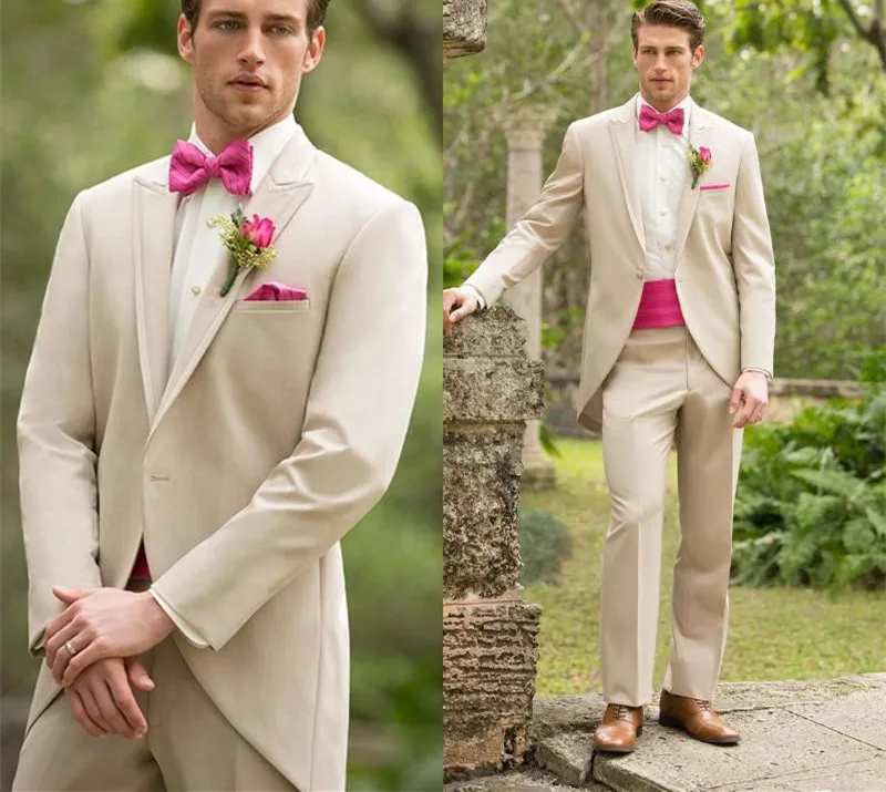 Beige Long Blazer Masculino Slim Fit Mens Suits Custom Made Wedding ...