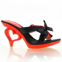 FY36124 New Red & Black Bow Beads Heart Heels Slip-ons Sandals Size 4/5/6/7/8.5/9