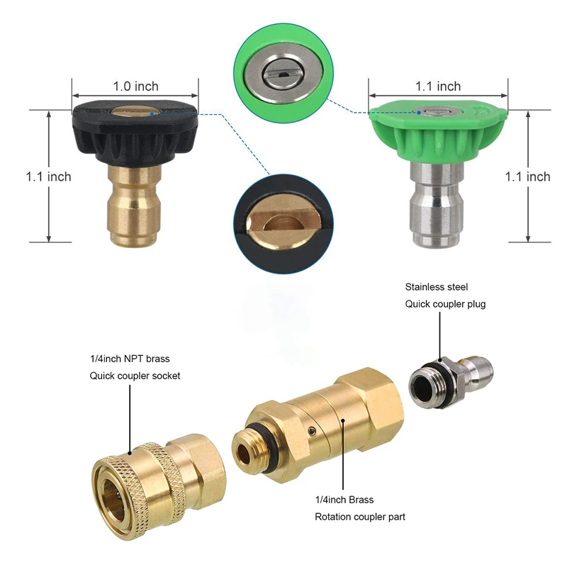 Нажимная шайба вспомогательные приспособления комплект, 7 силовых моющий распылитель насадка наконечники, 360 градусов Быстрое подключение поворотного муфты, 1/4 дюйма 4500