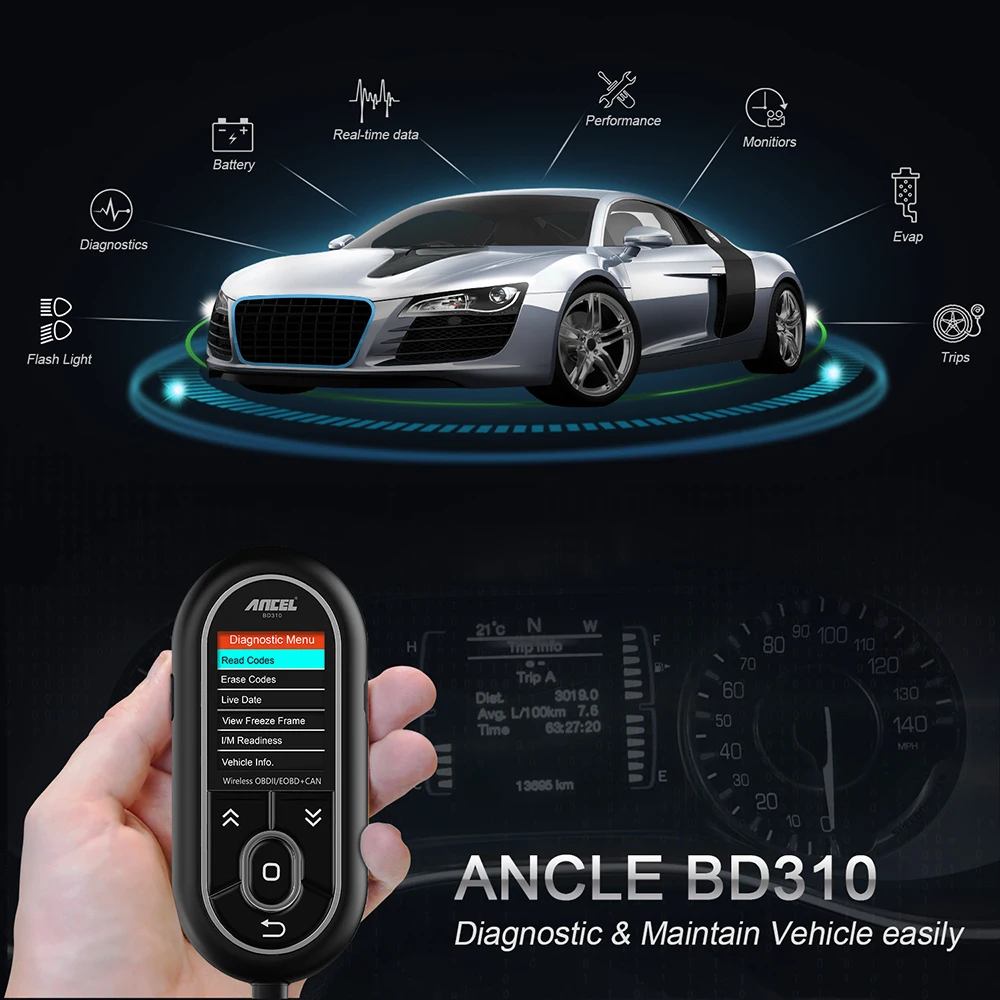 ANCEL BD310 OBD2 сканер Bluetooth 3 в 1 бортовой компьютер для автомобиля цифровой измеритель