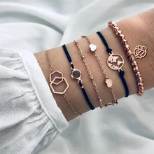 6 шт./компл. женский ретро черный Канат кожаный сердце карта цветок бисера золотой браслет-цепочка Модные полые ювелирные браслеты и кулоны подарок