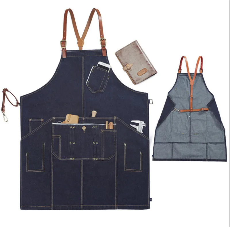 Denim Kitchen Cooking Apron with Adjustable Cotton Strap Large Pockets Blue Barista Men and Women Homewear