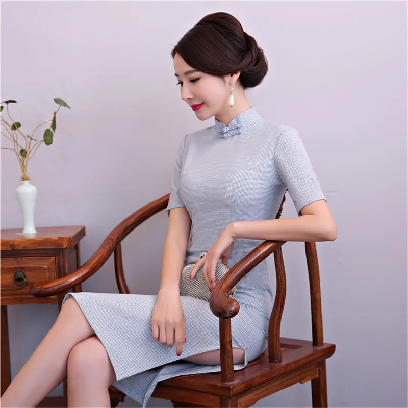 Розовый Винтаж хлопок тонкий короткий Cheongsam воротник-стойка Традиционный китайский женское платье новинка плед Сексуальная Qipao M-XXXL