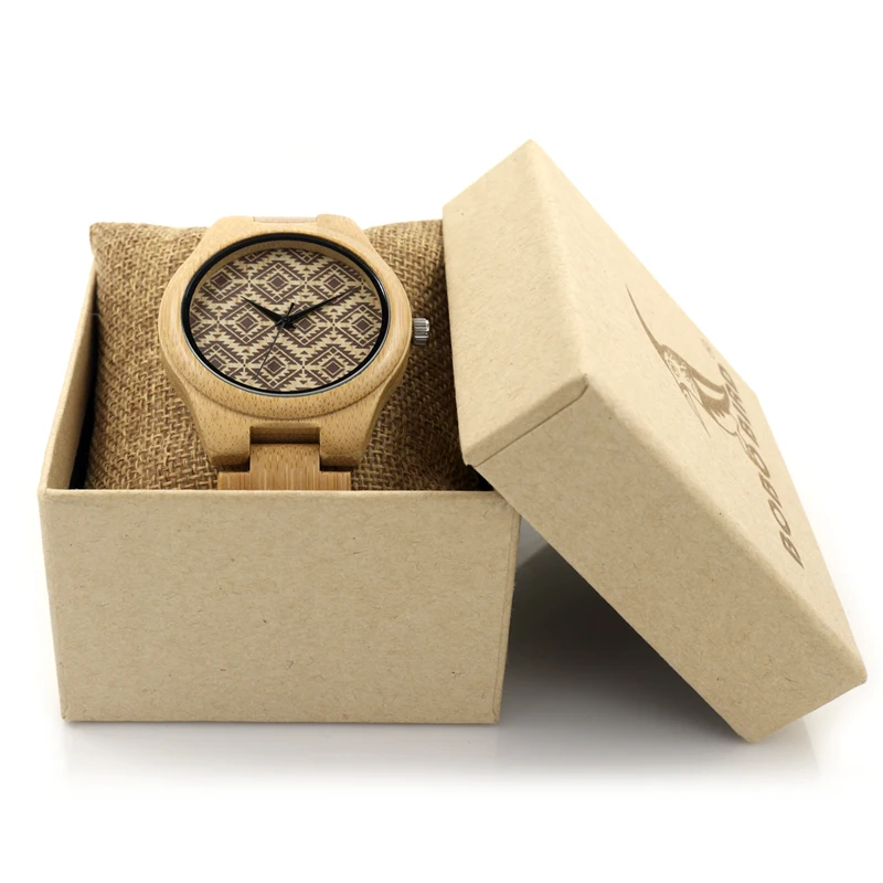 Japan Quartz BOBO BIRD L-I28 Men's Wooden Watch Bamboo Band Wavy Pattern Dial Face Clock for Men in Gift Box