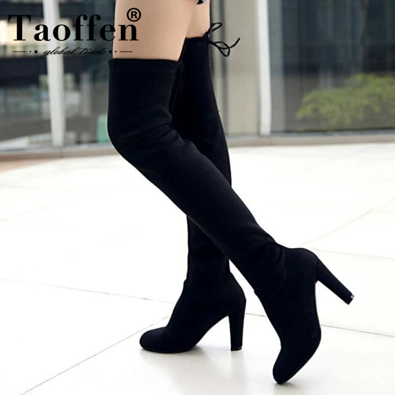 

TAOFFEN Women Over the Knee Boots Sexy PU Leather Square High Heel Women Shoes Winter Warm Motorcycle Heeled Boots Size 34-43