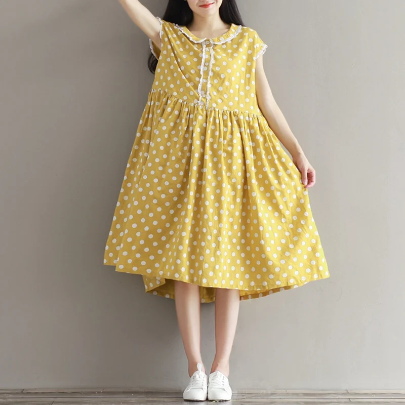 

Clobee mori girl Dresses Cotton Linen Lolita Dress Women Short Sleeve Dot Print Vestido Plus Size Peter Pan Collar Yellow Dress