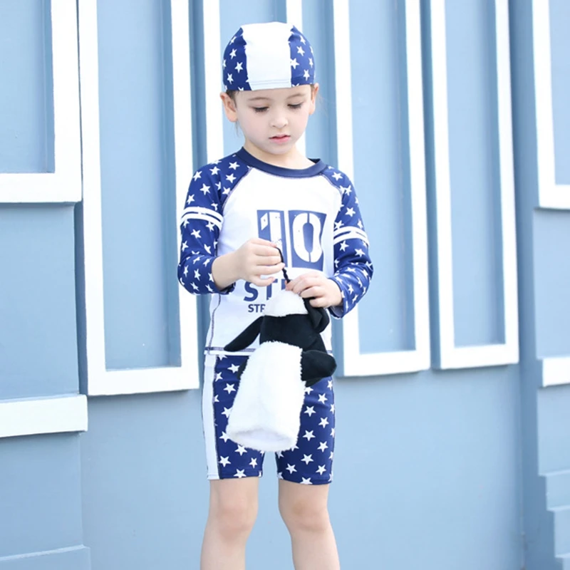 boy Swim Suit 3 piece Set Long Sleeve Swimwear Kids Swimming short Rash