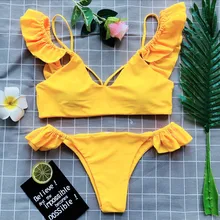 2019 new bikini pop European and American sexy split Lotus leaf edge pure color women’s bikinis swimsuit swimwear