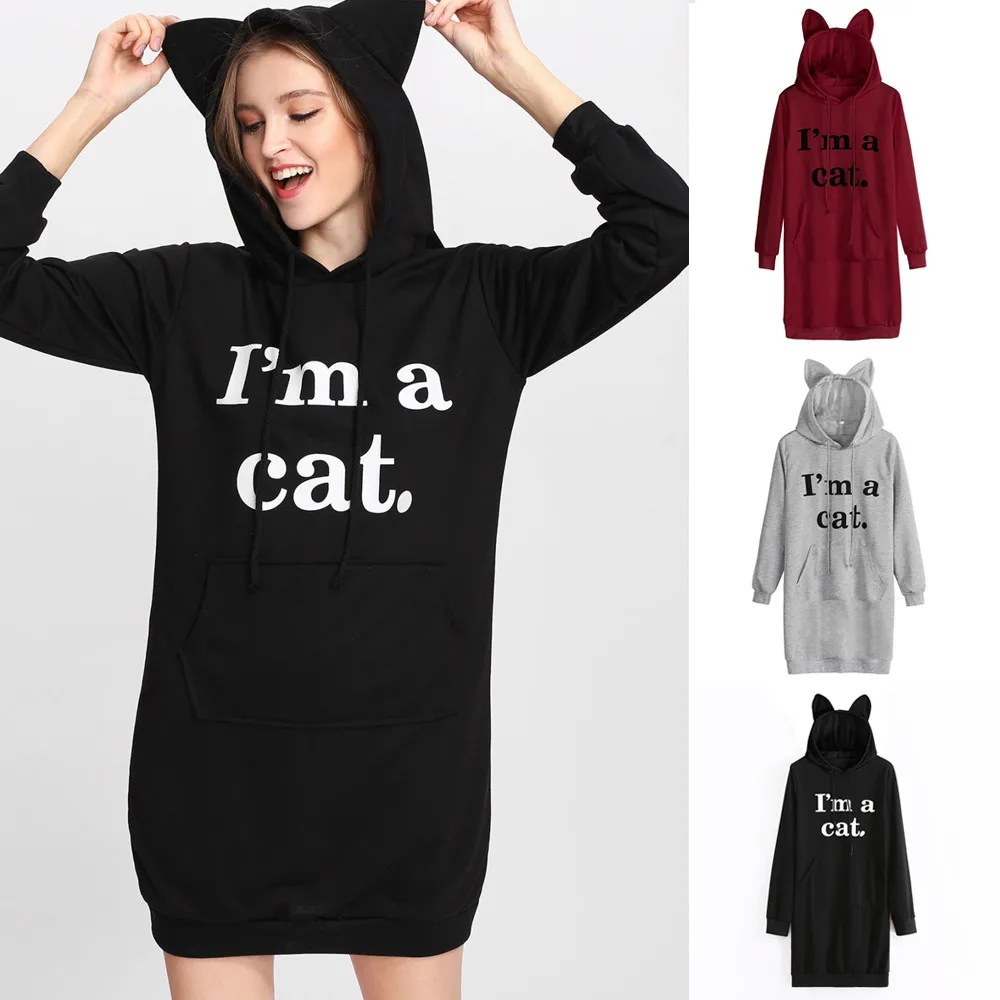 Womens Cat Ear Solid Color Dress Long Sleeve Hoodie
