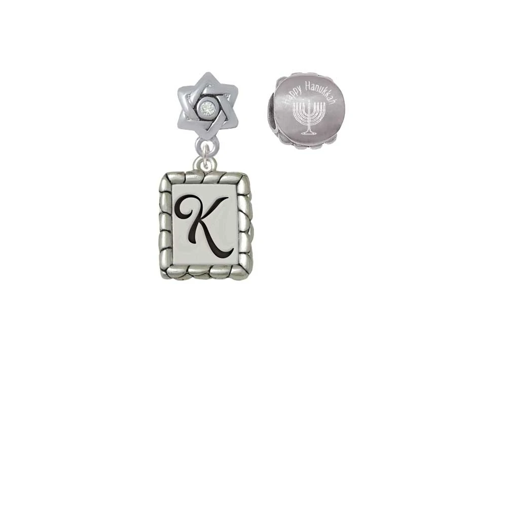 Silvertone Pebble Border Initial - K Happy Hanukkah Charm Beads (Set of 2)