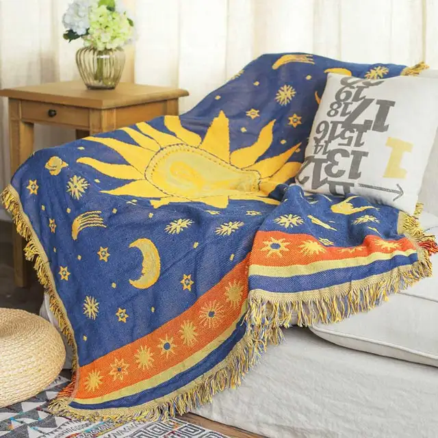 Cilected Sun Moon Thick Throw Blankets With Tassels For Sofa Soft