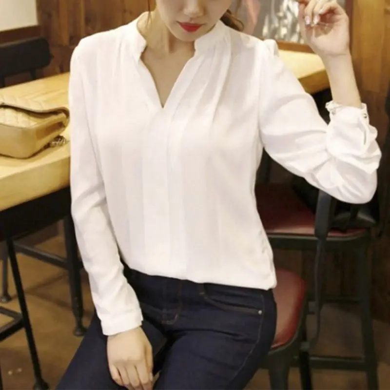 Женская белая шифоновая блузка элегантные сексуальные блузки с v-образным вырезом с длинным рукавом рубашка Женская Офисная рубашка