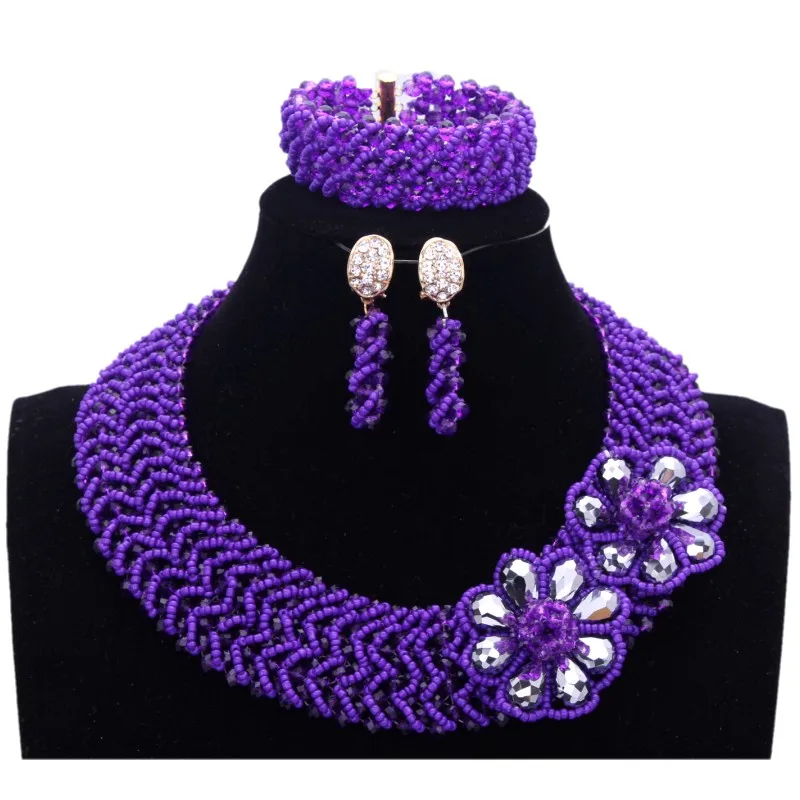 

Dubai Jewelry Sets Bridal Purple Women Indian Necklace Set For Ladies Silver Flowers African Beaded Necklace Set of Jewelry Gift