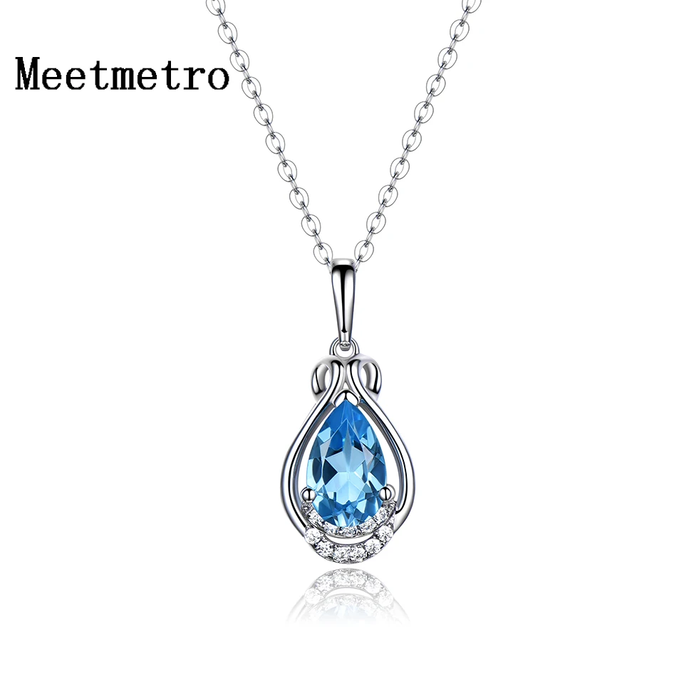 

Meetmetro Natural stone Sky Blue Topaz Pendant Water drop Shape 18K White Gold Jewelry Not Include the Chain