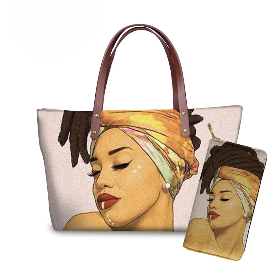 

NOISYDESIGNS Luxury Design Women Purse&Handbags Black Art African Girls Printing 2pcs/set Top-Handle Bags Ladies Shoulder Bag