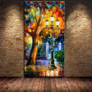 

abstract bright night landscape canvas wall art Tree and lampposts palette knife oil painting street cornor scenery picture