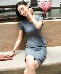 Летние модные женские платья в серую полоску, офисные женские платья с коротким рукавом