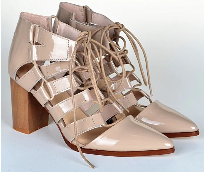 

Newest Design Elegant Apricot Black Fashion Boot Concise Cut-Outs Design Cross Lace-Up Decorated Pointed Short Sandal Boots