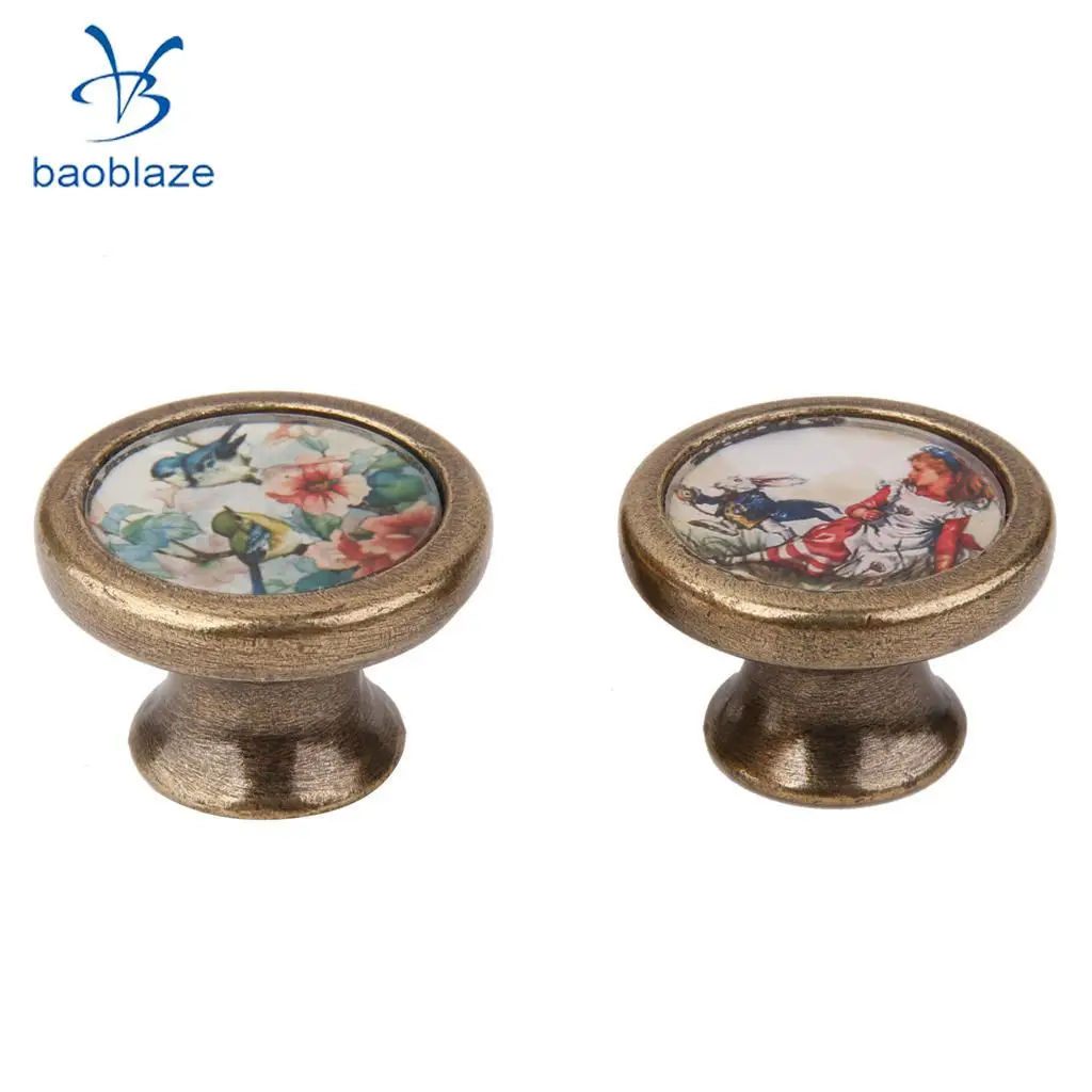 2 Pieces Vintage Retro Brass Round Cabinet Door Drawer Closet Dresser Pulls Handle Knobs with Screws Rabbit Girl + Birds Flower