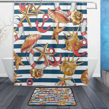 

Red Anchor Starfish Shell with Stripe Waterproof Polyester Fabric Shower Curtain with Hooks Doormat Bath Floor Mat Bathroom