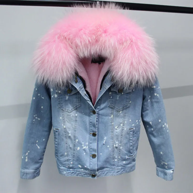 

Hot Sale Korean 100% Natural Real Large Raccoon Fur Collar Women Winter Coat Jacket Denim Thick Short Blue Jeans Outwear Parkas