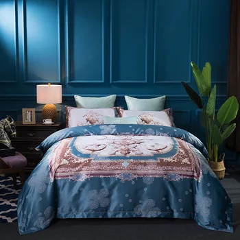 

Royal classics Luxury Silk Cotton Brocade Bedding Set Digital Printed Duvet cover Bed Sheet Pillowcases Queen King size 4pcs