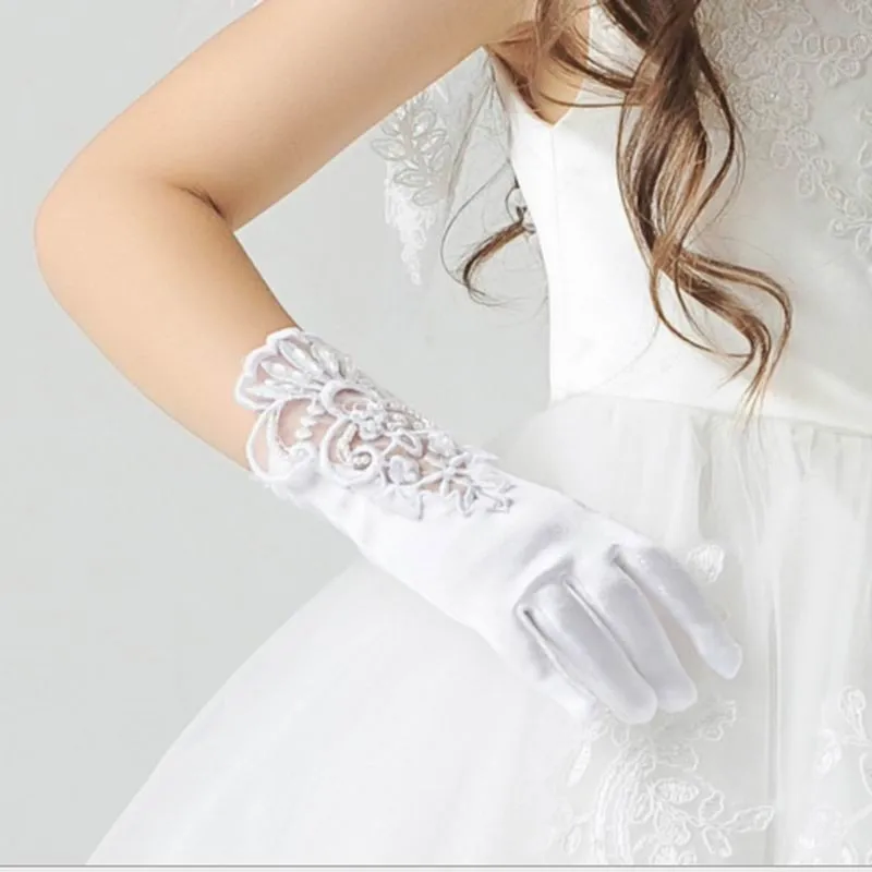 Детские кружевные атласные Короткие перчатки с длинными пальцами для девочек, держащих букет невесты на свадьбе, Детские праздничные белые перчатки